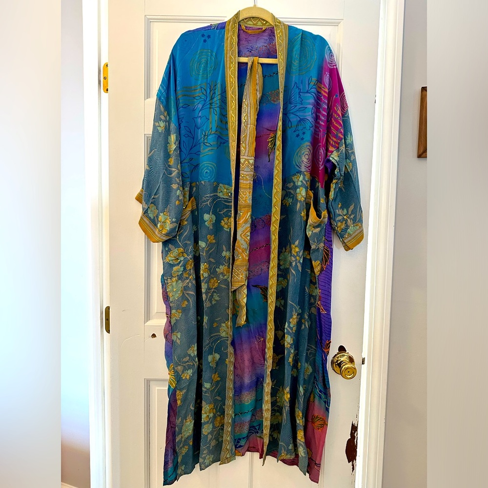 Silk Duster recycled Indian Saree bohemian Gypsy kimono robe patchwork